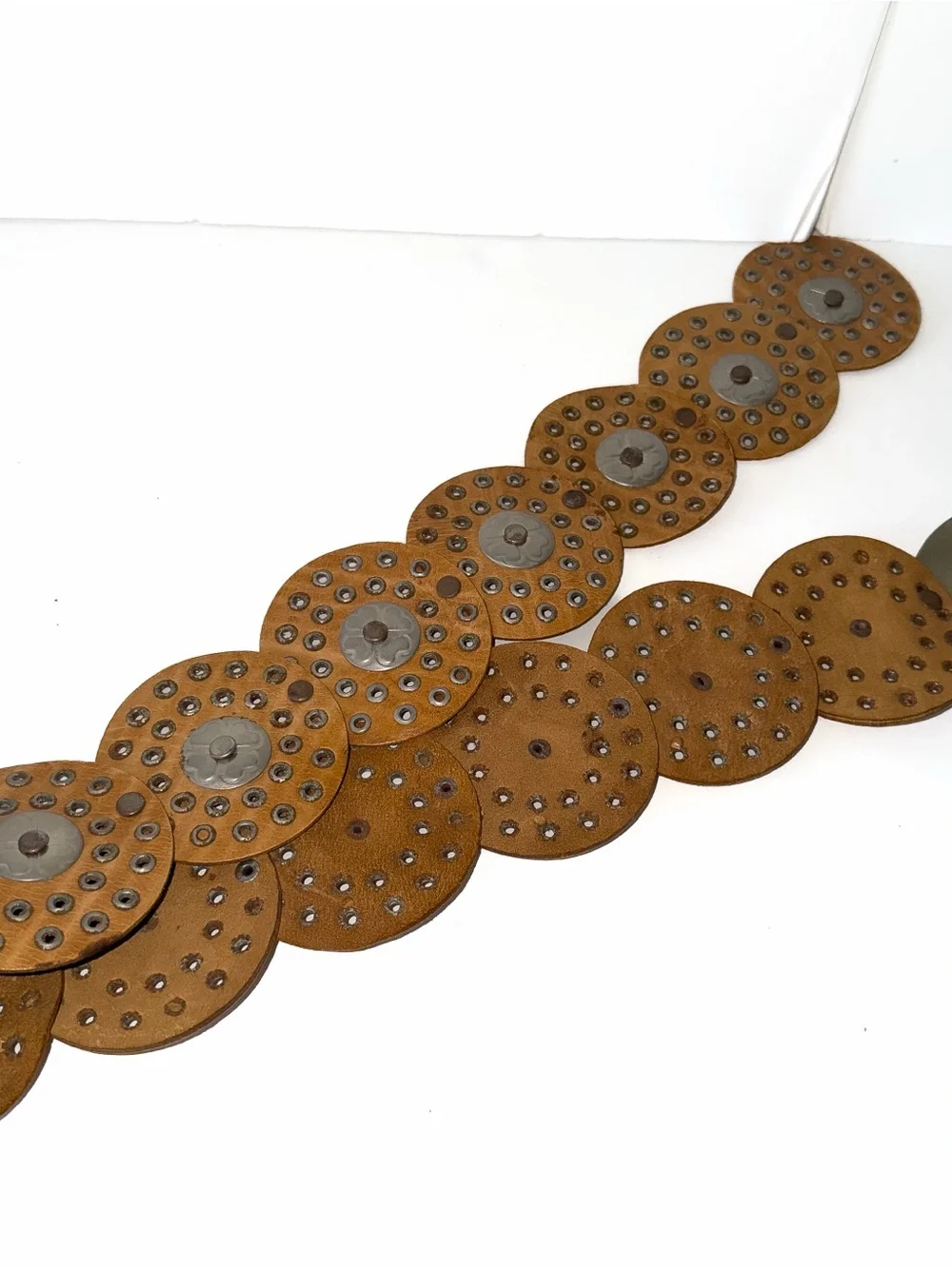 Boho Brown Leather Concho Waist Belt with Brass Medallion - Picture 5 of 12